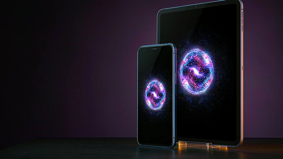 Smartphone and tablet with glowing circular graphics